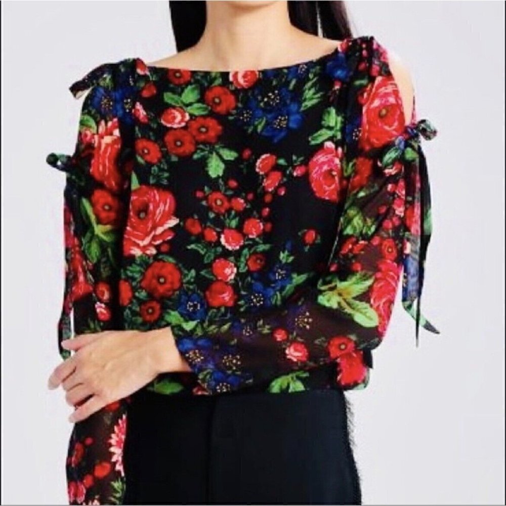 Club Monaco Dolice Blouse Womens S Black Floral Silk Split Tie Sleeve Top $169